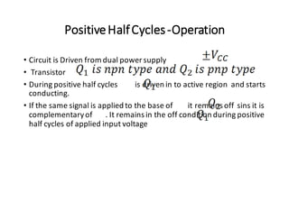 PositiveHalfCycles-Operation
• Circuit is Driven from dual power supply
• Transistor
• During positive half cycles is driven in to active region and starts
conducting.
• If the same signal is applied to the base of it remains off sins it is
complementaryof . It remains in the off condition during positive
half cycles of applied input voltage
 