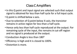 ClassC Amplifiers
• In this Q point and input signal are selected such that output
signal is obtained for less than half cycle for a full input cycle.
• Q point is shifted below x axis.
• Due to selection of Q point below X-axis, the transistor
remains in active region for less than a half cycle.
• Hence only less than half cycle reproduced at the output. For
remaining cycle of the input, the remains in cut-off region
and no signal is produced at the output.
• Conduction Angle is less than 1800
• Efficiency is high and it is closed to 100%.
• Distortion is more.
 