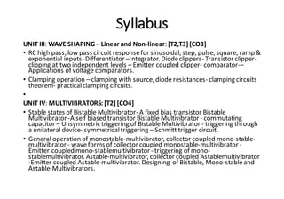 Syllabus
UNIT III: WAVE SHAPING– Linear and Non-linear: [T2,T3][CO3]
• RC high pass, low pass circuit responsefor sinusoidal, step, pulse, square, ramp &
exponential inputs- Differentiator –Integrator. Diodeclippers- Transistor clipper-
clipping at two independent levels – Emitter coupled clipper- comparator-–
Applications of voltage comparators.
• Clamping operation – clamping with source, diode resistances- clamping circuits
theorem- practicalclamping circuits.
•
UNIT IV: MULTIVIBRATORS:[T2] [CO4]
• Stable states of Bistable Multivibrator- A fixed bias transistor Bistable
Multivibrator -A self biased transistor Bistable Multivibrator - commutating
capacitor – Unsymmetric triggering of Bistable Multivibrator - triggering through
a unilateral device- symmetricaltriggering – Schmitt trigger circuit.
• General operation of monostable-multivibrator, collector coupled mono-stable-
multivibrator - waveforms of collector coupled monostable-multivibrator -
Emitter coupled mono-stablemultivibrator - triggering of mono-
stablemultivibrator. Astable-multivibrator, collector coupled Astablemultivibrator
-Emitter coupled Astable-multivibrator. Designing of Bistable, Mono-stableand
Astable-Multivibrators.
 