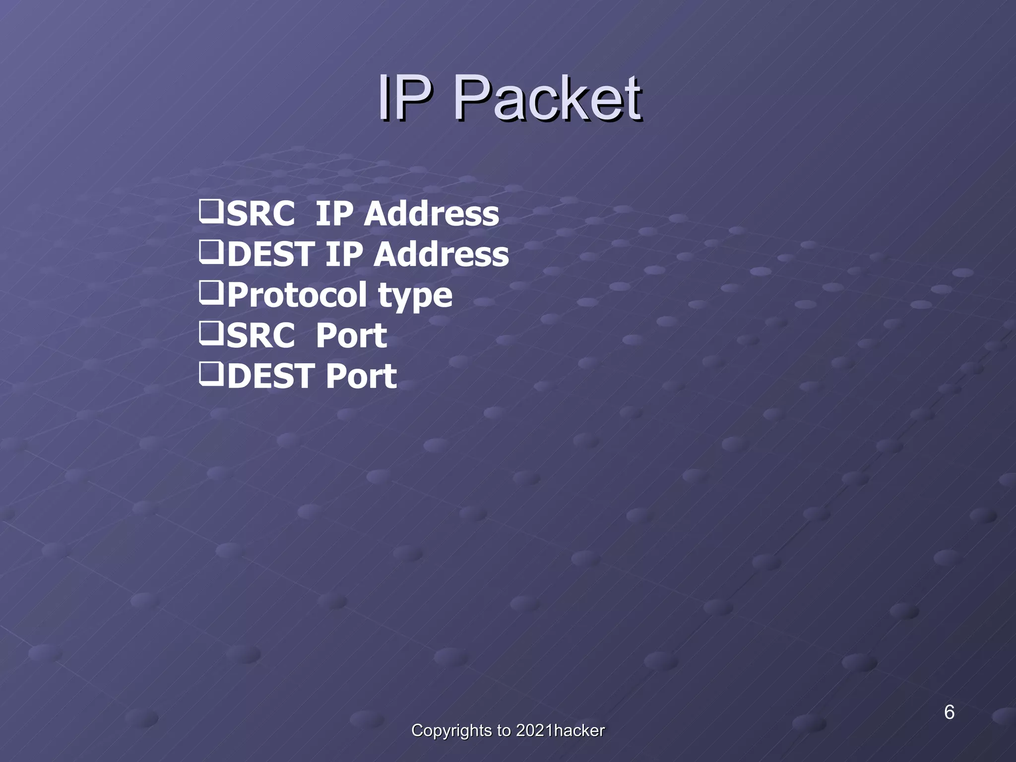 IP Packet SRC  IP Address DEST IP Address Protocol type SRC  Port DEST Port 