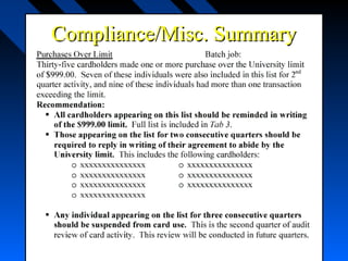 Compliance/Misc. SummaryCompliance/Misc. Summary
 