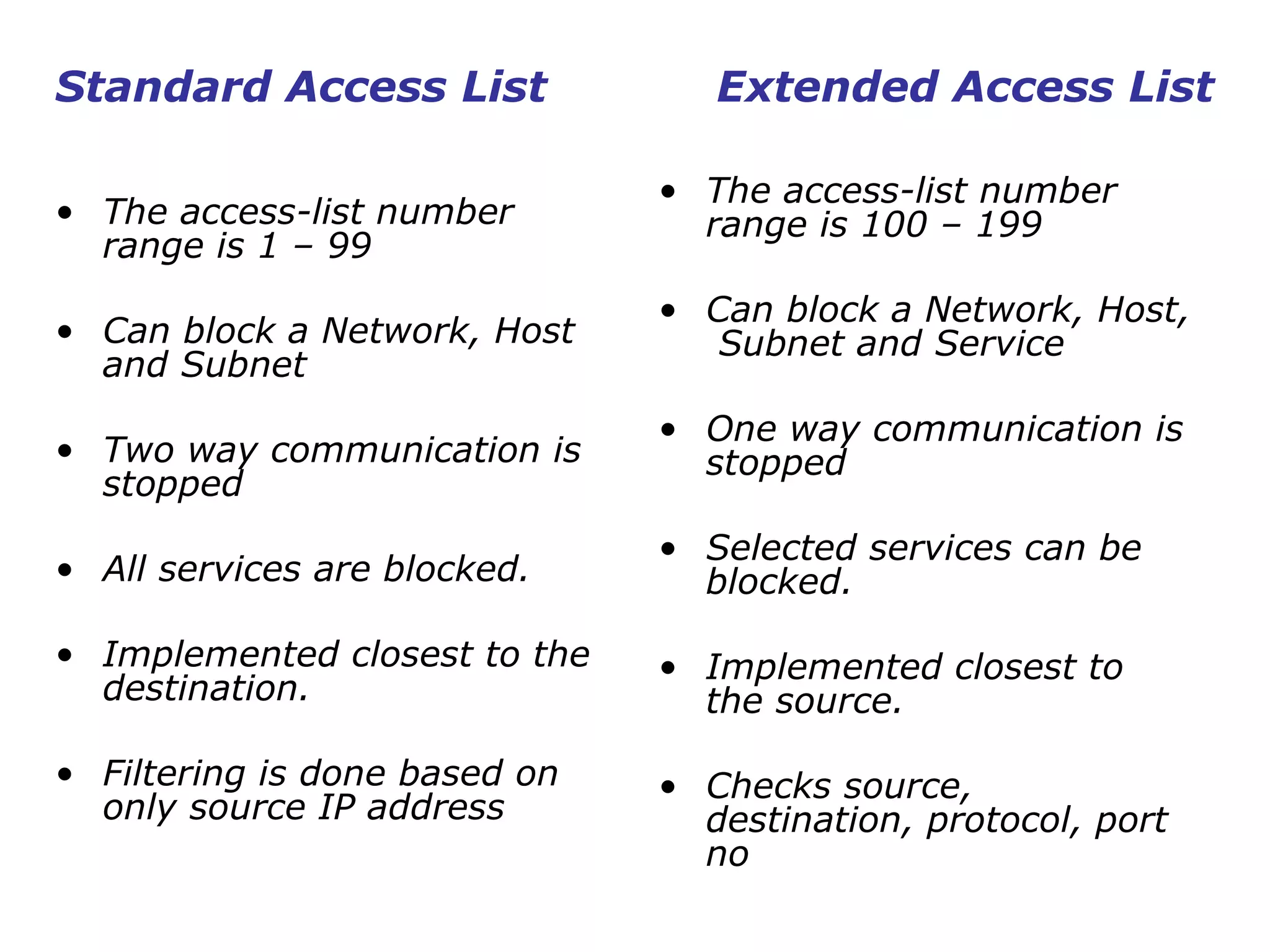 Standard Access List
• The access-list number
range is 1 – 99
• Can block a Network, Host
and Subnet
• Two way communication is
stopped
• All services are blocked.
• Implemented closest to the
destination.
• Filtering is done based on
only source IP address
• The access-list number
range is 100 – 199
• Can block a Network, Host,
Subnet and Service
• One way communication is
stopped
• Selected services can be
blocked.
• Implemented closest to
the source.
• Checks source,
destination, protocol, port
no
Extended Access List
 