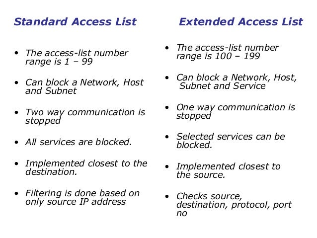 Standard Access List Extended Access List The access-list number range is 1 - 99 • The access-list number range is 100 - 199