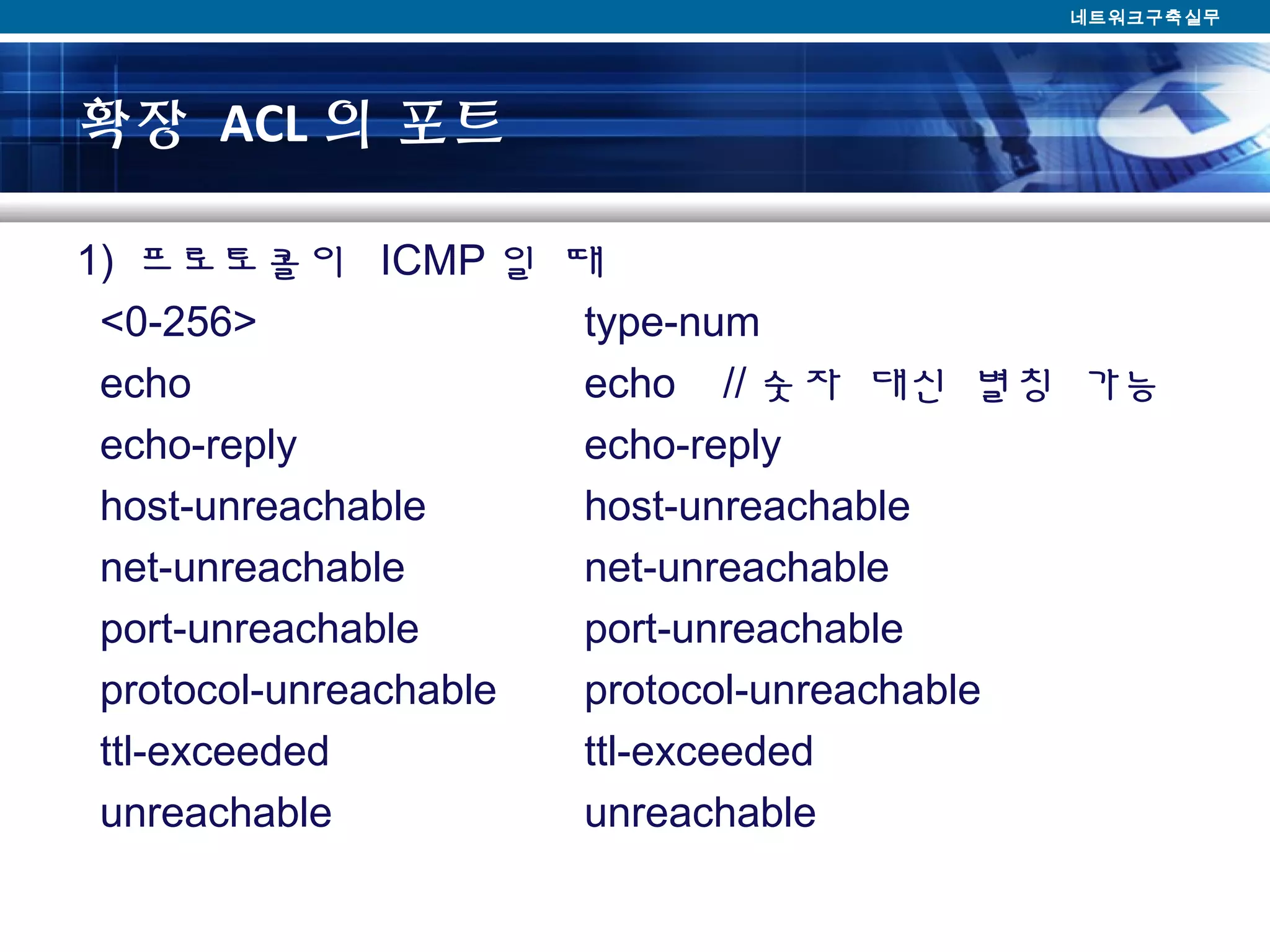 확장 ACL 의 포트
1) 프로토콜이 ICMP 일 때
<0-256> type-num
echo echo // 숫자 대신 별칭 가능
echo-reply echo-reply
host-unreachable host-unreachable
net-unreachable net-unreachable
port-unreachable port-unreachable
protocol-unreachable protocol-unreachable
ttl-exceeded ttl-exceeded
unreachable unreachable
네트워크구축실무
 