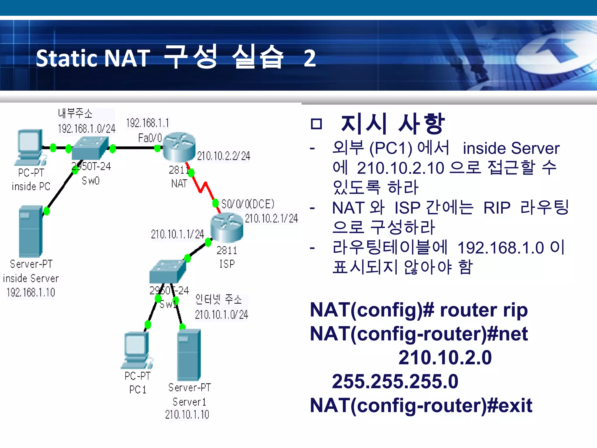 Static NAT 구성 실습 2
□ 지시 사항
- 외부 (PC1) 에서 inside Server
에 210.10.2.10 으로 접근할 수
있도록 하라
- NAT 와 ISP 간에는 RIP 라우팅
으로 구성하라
- 라우팅테이블에 192.168.1.0 이
표시되지 않아야 함
NAT(config)# router rip
NAT(config-router)#net
210.10.2.0
255.255.255.0
NAT(config-router)#exit
 