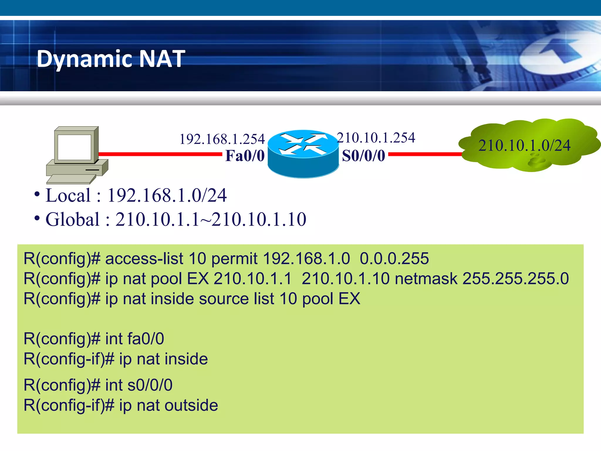 Dynamic NAT
R(config)# access-list 10 permit 192.168.1.0 0.0.0.255
R(config)# ip nat pool EX 210.10.1.1 210.10.1.10 netmask 255.255.255.0
R(config)# ip nat inside source list 10 pool EX
R(config)# int fa0/0
R(config-if)# ip nat inside
R(config)# int s0/0/0
R(config-if)# ip nat outside
210.10.1.0/24
Fa0/0 S0/0/0
• Local : 192.168.1.0/24
• Global : 210.10.1.1~210.10.1.10
192.168.1.254 210.10.1.254
 