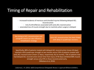 Timing of Repair and Rehabilitation
- increased incidence of meniscus and chondral injuries following delayed ACL
reconstruction
- risk of arthrofibrosis associated with early ACL reconstruction
- associated loss of muscle strength due to inactivity when surgery is delayed
the timing of ACL reconstruction and
autograft choice can also influence
rehabilitation strategy
Early ACL reconstruction has been linked
with delay in quadriceps recovery
Specifically, 80% of patients treated with delayed ACL reconstruction (mean 40 days)
reached a 65% quadriceps strength at two months versus 53% of patients treated with
early ACL reconstruction (mean 11 days), respectively. By six months, 73% of patients that
had delayed ACL reconstruction (mean time from injury of 40 days) exhibited 80% muscle
strength versus only 47% in those reconstructed early.
(Nikolaos et al, 2016)
Lieberman, J. R. (2019). AAOS Comprehensive Orthopaedic Review 3. Lippincott Williams & Wilkins.
 