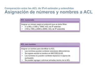 Comparación entre las ACL de IPv4 estándar y extendidas
Asignación de números y nombres a ACL
 