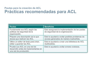 Pautas para la creación de ACL
Prácticas recomendadas para ACL
 