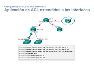 Configuración de ACL de IPv4 extendidas
Aplicación de ACL extendidas a las interfaces
 