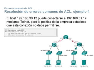 Errores comunes de ACL
Resolución de errores comunes de ACL, ejemplo 4
El host 192.168.30.12 puede conectarse a 192.168.31.12
mediante Telnet, pero la política de la empresa establece
que esta conexión no debe permitirse.
 