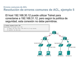 Errores comunes de ACL
Resolución de errores comunes de ACL, ejemplo 5
El host 192.168.30.12 puede utilizar Telnet para
conectarse a 192.168.31.12, pero según la política de
seguridad, esta conexión no debe permitirse.
 