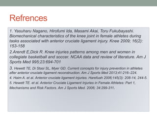 Refrences
1. Yasuharu Nagano, Hirofumi Ida, Masami Akai, Toru Fukubayashi.
Biomechanical characteristics of the knee joint in female athletes during
tasks associated with anterior cruciate ligament injury. Knee 2009; 16(2):
153-158
2.Arendt E,Dick R. Knee injuries patterns among men and women in
collegiate basketball and soccer. NCAA data and review of literature. Am J
Sports Med 995;23:694-701
3. Hewett TE, Di Stasi SL, Myer GD. Current concepts for injury prevention in athletes
after anterior cruciate ligament reconstruction. Am J Sports Med 2013;41:216–224.
4. Haim A. et al. Anterior cruciate ligament injuries. Harefuah 2006;145(3): 208-14, 244-5.
5. Hewett TE. et al. Anterior Cruciate Ligament Injuries in Female Athletes: Part 1,
Mechanisms and Risk Factors. Am J Sports Med. 2006; 34:299-311.
 