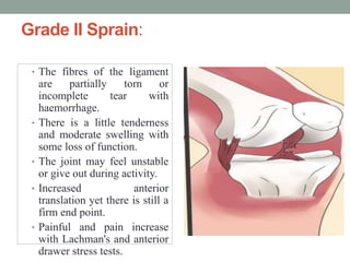 Grade II Sprain:
• The fibres of the ligament
are partially torn or
incomplete tear with
haemorrhage.
• There is a little tenderness
and moderate swelling with
some loss of function.
• The joint may feel unstable
or give out during activity.
• Increased anterior
translation yet there is still a
firm end point.
• Painful and pain increase
with Lachman's and anterior
drawer stress tests.
 