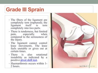 Grade III Sprain
• The fibers of the ligament are
completely torn (ruptured); the
ligament itself is torn
completely into two parts.
• There is tenderness, but limited
pain, especially when
compared to the seriousness of
the injury.
• The ligament cannot control
knee movements. The knee
feels unstable or gives out at
certain times.
• There is also rotational
instability as indicated by a
positive pivot shift test.
• Haemarthrosis occurs within 1-
2 hours.
 