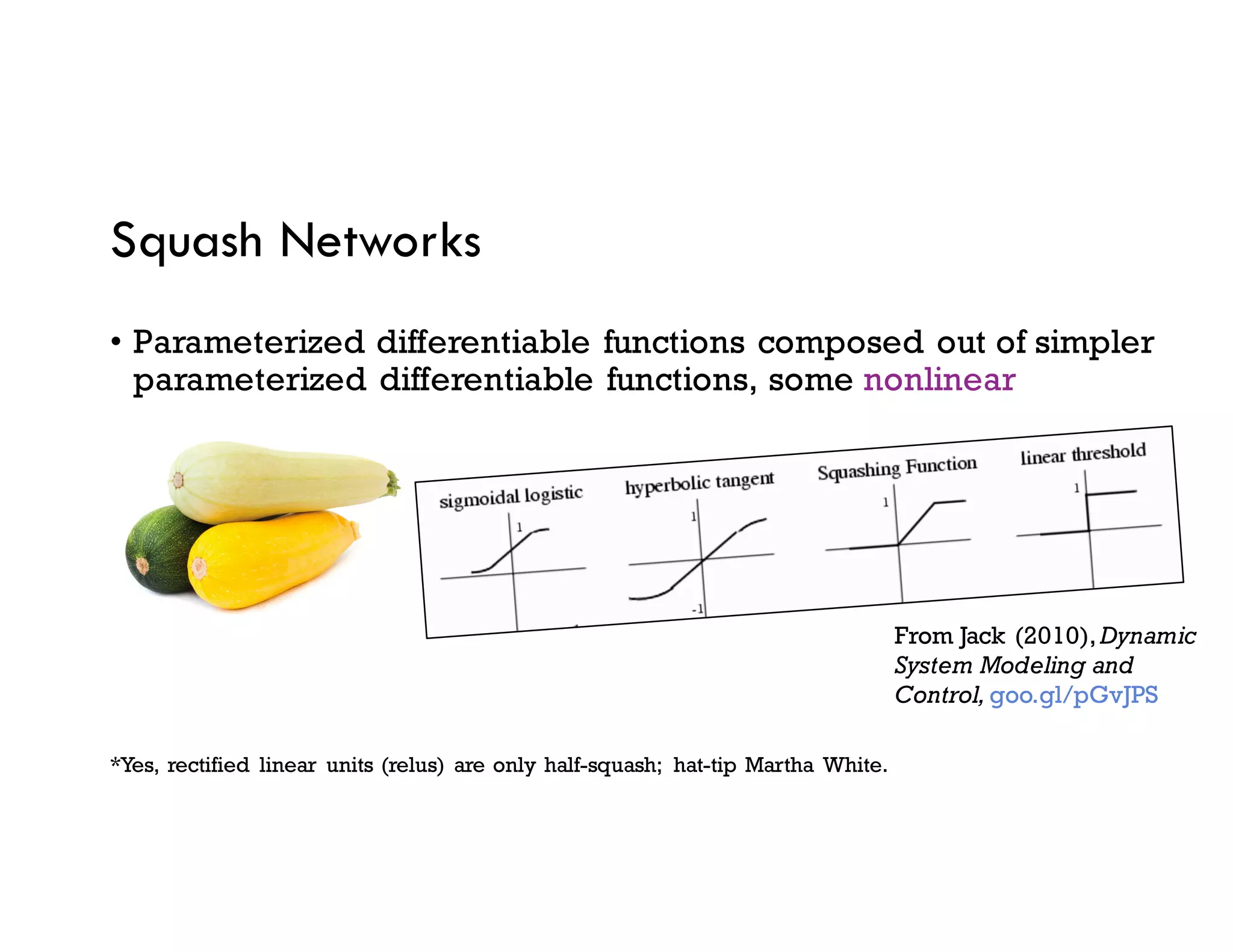 Squash Networks
• Parameterized differentiable functions composed out of simpler
parameterized differentiable functions, some nonlinear
From Jack (2010),Dynamic
System Modeling and
Control, goo.gl/pGvJPS
*Yes, rectified linear units (relus) are only half-squash; hat-tip Martha White.
 