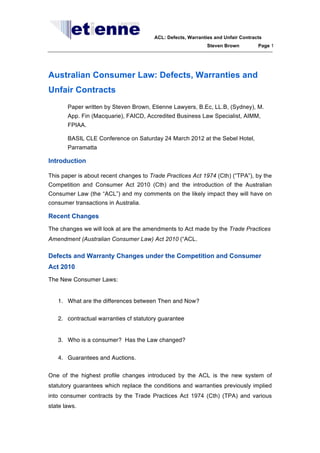 Australian Consumer Law: defects, warranties and unfair contracts basil ...