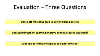 Evaluation – Three Questions
Does Soft-KB lookup lead to better dialog policies?
Does Reinforcement Learning improve over ...