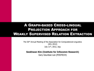 A GRAPH-BASED CROSS-LINGUAL
      PROJECTION APPROACH FOR
WEAKLY SUPERVISED RELATION EXTRACTION
    The 50th Annual Meeting of the Association for Computational Linguistics
                                  (ACL 2012)
                             July 11th, 2012, Jeju

       Seokhwan Kim (Institute for Infocomm Research)
                 Gary Geunbae Lee (POSTECH)
 