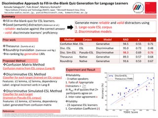 Discrimina)ve	
  Approach	
  to	
  Fill-­‐in-­‐the-­‐Blank	
  Quiz	
  Genera)on	
  for	
  Language	
  Learners	
  
	
  	
  	
  	
  Keisuke	
  Sakaguchi1,	
  Yuki	
  Arase2,	
  Mamoru	
  Komachi1	
  
	
  	
  	
  	
  	
  	
  	
  	
  1	
  Nara	
  Ins9tute	
  of	
  Science	
  and	
  Technology	
  (NAIST),	
  Japan	
  	
  	
  2	
  MicrosoD	
  Research	
  Asia,	
  China	
  
keisuke-sa@is.naist.jp, yukiar@microsoft.com, komachi@tmu.ac.jp	
Prior work!
v Thesaurus	
  	
  (Sumita	
  et	
  al.)	
  
v Roundtrip	
  transla9on	
  	
  (Dahlmeier	
  and	
  Ng.)	
  
à re-­‐ranking	
  by	
  genera9ve	
  LMs	
  
References!
Summary!
v  Charles	
  Alderson,	
  Caroline	
  Clapham,	
  and	
  Dianne	
  Wall.	
  1995.	
  Language	
  Test	
  Construc/on	
  and	
  Evalua/on.	
  Cambridge	
  University	
  Press.	
  
v  Daniel	
  Dahlmeier	
  and	
  Hwee	
  Tou	
  Ng.	
  2011.	
  Correc9ng	
  seman9c	
  colloca9on	
  errors	
  with	
  L1-­‐induced	
  paraphrases.	
  In	
  Proceedings	
  of	
  the	
  2011	
  Conference	
  on	
  Empirical	
  Methods	
  in	
  Natural	
  Language	
  Processing,	
  pages	
  107–117,	
  Edinburgh,	
  Scotland,	
  UK.,	
  July.	
  	
  
v  Eiichiro	
  Sumita,	
  Fumiaki	
  Sugaya,	
  and	
  Seiichi	
  Yamamoto.	
  2005.	
  Measuring	
  Non-­‐na9ve	
  Speakers’	
  Proﬁciency	
  of	
  English	
  by	
  Using	
  a	
  Test	
  with	
  Automa9cally-­‐Generated	
  Fill-­‐in-­‐the-­‐Blank	
  Ques9ons.	
  In	
  Proceedings	
  of	
  the	
  2nd	
  Workshop	
  on	
  Building	
  Educa/onal	
  Applica/ons	
  Using	
  NLP,	
  pages	
  61–	
  68,	
  Ann	
  Arbor,	
  June.	
  	
  
Generate	
  more	
  reliable	
  and	
  valid	
  distractors	
  using	
  
1.	
  Large-­‐scale	
  ESL	
  corpus	
  	
  
2.	
  Discrimina9ve	
  models	
  
v Fill-­‐in-­‐the-­‐blank	
  quiz	
  for	
  ESL	
  learners.	
  
v Good	
  (seman9c)	
  distractors	
  (Alderson	
  et	
  al.)	
  
	
  -­‐	
  reliable:	
  exclusive	
  against	
  the	
  correct	
  answer	
  
	
  -­‐	
  valid:	
  discriminate	
  learners’	
  proﬁciency	
  
v Reliability	
  
-­‐	
  3	
  na9ve	
  speakers	
  
1.	
  Ra9o	
  of	
  Appropriate	
  	
  
Distractors	
  =	
  	
  
※	
  NAD:	
  #	
  of	
  quizzes	
  that	
  2+	
  
	
  par9cipants	
  agree	
  on	
  	
  
2.	
  Inter-­‐rater	
  agreement	
  κ	
  	
  
v Validity	
  
-­‐	
  23	
  Japanese	
  ESL	
  learners	
  
1.	
  Correla9on	
  Coeﬃcient	
  (r)	
  	
  
Proposed Method!
v Confusion	
  Matrix	
  Method	
  
v Discrimina9ve	
  ESL	
  Method	
  
Confusion	
  matrix	
  from	
  ESL	
  corpus	
  (Lang-­‐8)	
  
Classiﬁer	
  for	
  each	
  target	
  (trained	
  on	
  ESL	
  corpus)	
  
v Discrimina9ve	
  Simulated-­‐ESL	
  Method	
  
Classiﬁer	
  for	
  each	
  target	
  	
  
(trained	
  on	
  Pseudo-­‐ESL	
  corpus)	
  
Features:	
  ±1	
  lemma,	
  ±2	
  lemma,	
  dependency	
  
Label:	
  generated	
  from	
  confusion	
  matrix	
  
Features:	
  ±1	
  lemma,	
  ±2	
  lemma,	
  dependency	
  
Label:	
  original	
  incorrect	
  verb	
  in	
  Lang-­‐8	
  	
  
Method	
 Corpus	
 Model	
 RAD	
 κ	
 r	
Confu9on	
  Mat.	
ESL	
 Genera9ve	
 94.5	
 0.55	
 0.71	
Disc.	
  ESL	
 ESL	
 Discrimina9ve	
 95.0	
 0.73	
 0.48	
Disc.	
  Sim-­‐ESL	
 Pseudo-­‐ESL	
 Discrimina9ve	
 98.3	
 0.69	
 0.76	
Thesaurus	
 Na9ve	
 Genera9ve	
   89.3	
 0.57	
 0.68	
Roundtrip	
 Na9ve	
 Genera9ve	
 93.6	
 0.53	
 0.67	
Experiment and Result!
 