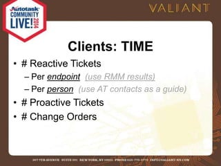 Clients: TIME 
• # Reactive Tickets 
– Per endpoint (use RMM results) 
– Per person (use AT contacts as a guide) 
• # Proactive Tickets 
• # Change Orders 
 
