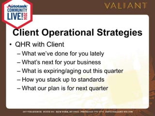 Client Operational Strategies 
• QHR with Client 
– What we’ve done for you lately 
– What’s next for your business 
– What is expiring/aging out this quarter 
– How you stack up to standards 
– What our plan is for next quarter 
 