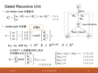 3つのゲートの要素は同じ次元
が正規化されている
2015/10/2 ACL 2015 読み会 @小町研 8
Gated Recursive Unit
• update gate の定義
new activation
• j-th hidden node の更新式
正規化
 