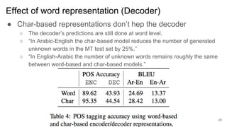 Effect of word representation (Decoder)
● Char-based representations don’t hep the decoder
○ The decoder’s predictions are still done at word level.
○ “In Arabic-English the char-based model reduces the number of generated
unknown words in the MT test set by 25%.”
○ “In English-Arabic the number of unknown words remains roughly the same
between word-based and char-based models.”
20
 