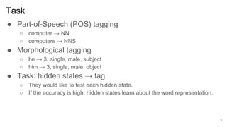 Task
● Part-of-Speech (POS) tagging
○ computer → NN
○ computers → NNS
● Morphological tagging
○ he → 3, single, male, subject
○ him → 3, single, male, object
● Task: hidden states → tag
○ They would like to test each hidden state.
○ If the accuracy is high, hidden states learn about the word representation.
3
 