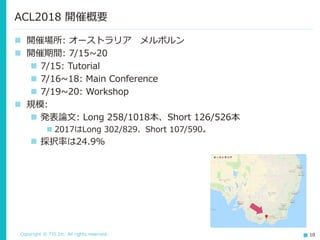 Copyright © TIS Inc. All rights reserved. 10
ACL2018 開催概要
◼ 開催場所: オーストラリア メルボルン
◼ 開催期間: 7/15~20
◼ 7/15: Tutorial
◼ 7/16~18: Main Conference
◼ 7/19~20: Workshop
◼ 規模:
◼ 発表論文: Long 258/1018本、Short 126/526本
◼ 2017はLong 302/829、Short 107/590。
◼ 採択率は24.9%
 