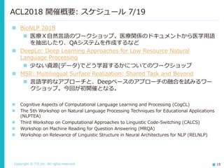 Copyright © TIS Inc. All rights reserved. 15
ACL2018 開催概要: スケジュール 7/19
◼ BioNLP 2018
◼ 医療Ｘ自然言語のワークショップ。医療関係のドキュメントから医学用語
を抽出したり、QAシステムを作成するなど
◼ DeepLo: Deep Learning Approaches for Low Resource Natural
Language Processing
◼ 少ない資源(データ)でどう学習するかについてのワークショップ
◼ MSR: Multilingual Surface Realization: Shared Task and Beyond
◼ 言語学的なアプローチと、Deepベースのアプローチの融合を試みるワー
クショップ。今回が初開催となる。
◼ Cognitive Aspects of Computational Language Learning and Processing (CogCL)
◼ The 5th Workshop on Natural Language Processing Techniques for Educational Applications
(NLPTEA)
◼ Third Workshop on Computational Approaches to Linguistic Code-Switching (CALCS)
◼ Workshop on Machine Reading for Question Answering (MRQA)
◼ Workshop on Relevance of Linguistic Structure in Neural Architectures for NLP (RELNLP)
 
