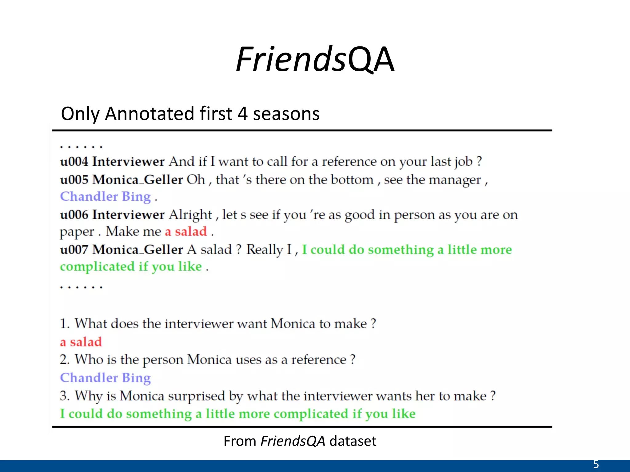 5
FriendsQA
Only Annotated first 4 seasons
From FriendsQA dataset
 