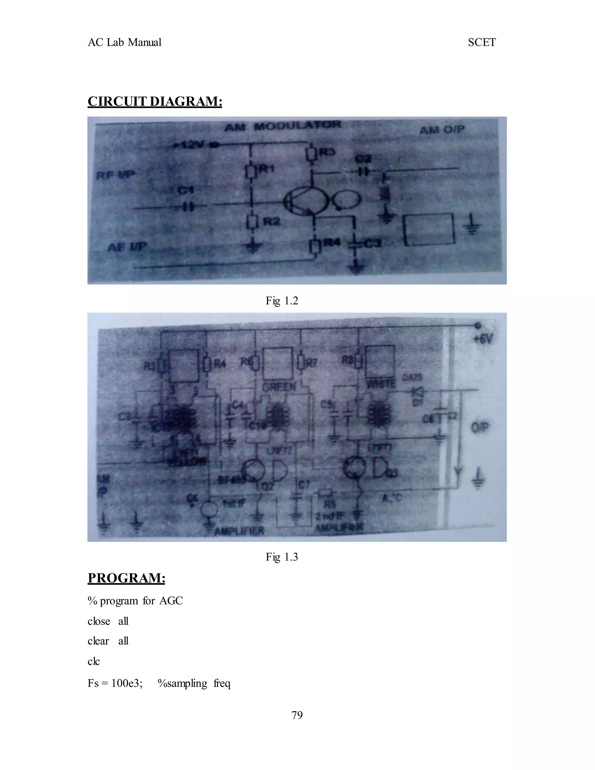 AC Lab Manual SCET
CIRCUIT DIAGRAM:
Fig 1.2
PROGRAM:
% program for AGC
close all
clear all
clc
Fs = 100e3; %sampling freq
Fig 1.3
79
 