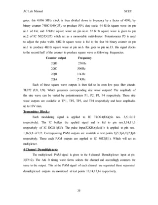 AC Lab Manual SCET
gates. this 4.096 MHz clock is then divided down in frequency by a factor of 4096, by
binary counter 74HC4040(U3), to produce 50% duty cycle, 64 KHz square wave on pin
no.1 of U4, and 32KHz square wave on pin no.4. 32 KHz square wave is given to pin
no.2 of IC NE555(U7) which act as a monostable multivibrator. Potentiometer P5 is used
to adjust the pulse width. 64KHz square wave is fed to the four bit binary counter on pin
no.1 to produce 4KHz square wave at pin no.6. this goes to pin no.13. this signal clocks
to the second half of the counter to produce square wave at following frequencies.
Counter output Frequency
2QD 250Hz
2QC 500Hz
2QB 1 KHz
2QA 2 KHz
Each of these square wave outputs is then fed to its own low pass filter circuits
TL072 (U8, U9). Which generates corresponding sine wave outputs? The amplitude of
this sine wave can be varied by potentiometers P1, P2, P3, P4 respectively. These sine
wave outputs are available at TP1, TP2, TP3, and TP4 respectively and have amplitudes
up to 10V max.
Transmitter Block:-
Each modulating signal is applied to IC TLO74(U6)(pin nos. 3,5,10,12
respectively). This IC buffers the applied signal and is fed to pin nos.3,14,11,6
respectively of IC DG211(U5). The pulse input(32KHz(clock)) is applied to pin nos.
1,16,9,8 of U5. Corresponding PAM outputs are available at test points Tp5,Tp6,Tp7,Tp8
respectively. These each PAM outputs are applied to IC 4052(U1). Which will act as
multiplexer.
4 Channel Demultiplexer:-
The multiplexed PAM signal is given to the 4 channel Demultiplexer input at pin
3(TP12). The A& B timing wave forms selects the channel and accordingly connects the
same to the output. This at the PAM signal of each channel are separated these separated
demultiplexed outputs are monitored at test points 13,14,15,16 respectively.
35
 