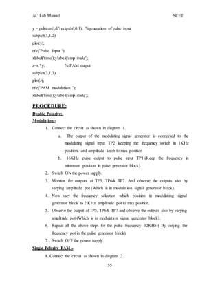 AC Lab Manual SCET
y = pulstran(t,d,'rectpuls',0.1); %generation of pulse input
subplot(3,1,2)
plot(y);
title('Pulse Input ');
xlabel('time');ylabel('amplitude');
z=x.*y; % PAM output
subplot(3,1,3)
plot(z);
title('PAM modulation ');
xlabel('time');ylabel('amplitude');
PROCEDURE:
Double Polarity:-
Modulation:-
1. Connect the circuit as shown in diagram 1.
a. The output of the modulating signal generator is connected to the
modulating signal input TP2 keeping the frequency switch in 1KHz
position, and amplitude knob to max position
b. 16KHz pulse output to pulse input TP1.(Keep the frequency in
minimum position in pulse generator block).
2. Switch ON the power supply.
3. Monitor the outputs at TP5, TP6& TP7. And observe the outputs also by
varying amplitude pot (Which is in modulation signal generator block).
4. Now vary the frequency selection which position in modulating signal
generator block to 2 KHz, amplitude pot to max position.
5. Observe the output at TP5, TP6& TP7 and observe the outputs also by varying
amplitude pot (Which is in modulation signal generator block).
6. Repeat all the above steps for the pulse frequency 32KHz ( By varying the
frequency pot in the pulse generator block).
7. Switch OFF the power supply.
Single Polarity PAM:-
8. Connect the circuit as shown in diagram 2.
55
 