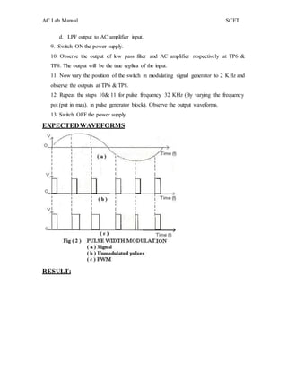 AC Lab Manual SCET
d. LPF output to AC amplifier input.
9. Switch ON the power supply.
10. Observe the output of low pass filter and AC amplifier respectively at TP6 &
TP8. The output will be the true replica of the input.
11. Now vary the position of the switch in modulating signal generator to 2 KHz and
observe the outputs at TP6 & TP8.
12. Repeat the steps 10& 11 for pulse frequency 32 KHz (By varying the frequency
pot (put in max). in pulse generator block). Observe the output waveforms.
13. Switch OFF the power supply.
EXPECTEDWAVEFORMS
RESULT:
 