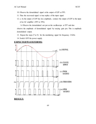 AC Lab Manual SCET
10. Observe the demodulated signal at the output of LPF at TP5.
11. Thus the recovered signal is true replica of the input signal
12. a. As the output of LPF has less amplitude, connect the output of LPF to the input
of an AC amplifier (TP5 to TP6).
b. Observe the demodulated out put on the oscilloscope at TP7 and also
observe the amplitude of demodulated signal by varying gain pot. This is amplitude
demodulated output.
13. Repeat the steps (7 to 9) for the modulating signal for frequency 2 KHz.
14. Switch OFF the power supply.
EXPECTEDWAVEFORMS:
RESULT:
69
 