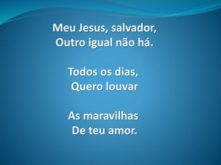 Meu Jesus, salvador,
Outro igual não há.
Todos os dias,
Quero louvar
As maravilhas
De teu amor.
 