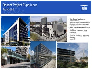 23
Recent Project Experience
Australia
1. The Gauge, Melbourne
Commercial office
2. Melbourne Recital Centre and
Melbourne Theatre Company
Cultural arts centre
3. North Sydney Railway Station
Transport
4. Australian Taxation Office,
Canberra
Commercial office
5. Knox on Bowman, Jacksons
Landing
Residential
1 2
3
4
5
 