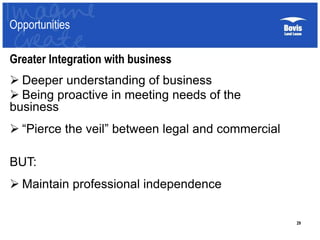 Opportunities
29
Greater Integration with business
 Deeper understanding of business
 Being proactive in meeting needs of the
business
 “Pierce the veil” between legal and commercial
BUT:
 Maintain professional independence
 