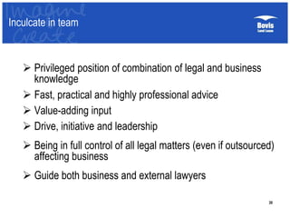 Inculcate in team
 Privileged position of combination of legal and business
knowledge
 Fast, practical and highly professional advice
 Value-adding input
 Drive, initiative and leadership
 Being in full control of all legal matters (even if outsourced)
affecting business
 Guide both business and external lawyers
30
 