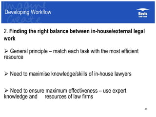 Developing Workflow
32
2. Finding the right balance between in-house/external legal
work
 General principle – match each task with the most efficient
resource
 Need to maximise knowledge/skills of in-house lawyers
 Need to ensure maximum effectiveness – use expert
knowledge and resources of law firms
 