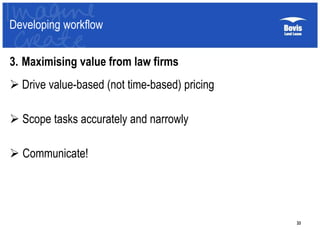 Developing workflow
3. Maximising value from law firms
 Drive value-based (not time-based) pricing
 Scope tasks accurately and narrowly
 Communicate!
33
 