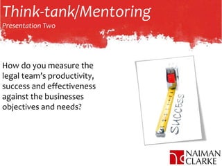 Think-tank/Mentoring
Presentation Two
How do you measure the
legal team’s productivity,
success and effectiveness
against the businesses
objectives and needs?
 