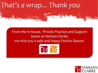 That’s a wrap... Thank you
From the In-house, Private Practice and Support
teams at Naiman Clarke,
we wish you a safe and happy Festive Season.
 