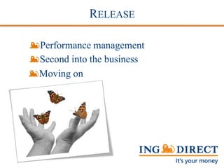 RELEASE
Performance management
Second into the business
Moving on
 