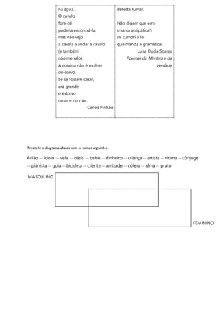 na água.
O cavalo
fora-pé
poderia encontrá-la,
mas não vejo
a cavala a andar a cavalo
(e também
não me ralo).
A corvina não é mulher
do corvo.
Se se fossem casar,
era grande
o estorvo
no ar e no mar.
Carlos Pinhão
detesta fumar.
Não digam que errei
(mania antipática!)
só cumpri a lei
que manda a gramática.
Luísa Ducla Soares
Poemas da Mentira e da
Verdade
Preenche o diagrama abaixo com os nomes seguintes.
Avião — ídolo — vela — oásis — bebé — dinheiro — criança — artista — vítima — cônjuge
— pianista — guia — bicicleta — cliente — amizade — cólera — alma — prato
MASCULINO
FEMININO
 