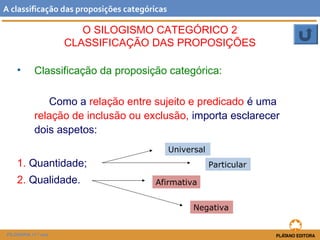 O SILOGISMO CATEGÓRICO 2 
CLASSIFICAÇÃO DAS PROPOSIÇÕES 
• Classificação da proposição categórica: 
Como a relação entre s...