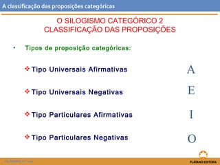 A classificação das proposições categóricas 
O SILOGISMO CATEGÓRICO 2 
CLASSIFICAÇÃO DAS PROPOSIÇÕES 
• Tipos de proposiçã...
