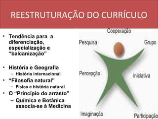 REESTRUTURAÇÃO DO CURRÍCULO

• Tendência para a
  diferenciação,
  especialização e
  “balcanização”

• História e Geografia
   – História internacional
• “Filosofia natural”
   – Física e história natural
• O “Princípio do arrasto”
  – Química e Botânica
     associa-se à Medicina
 